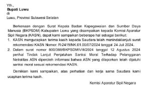 KASN Sampaikan Ucapan Terimakasih Kepada Kepala BKPSDM Luwu