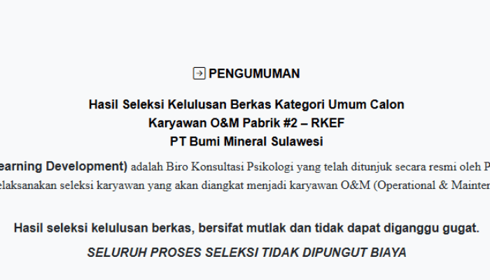 PT BMS Umumkan Selesi Administrasi Perekrutan Tenaga Kerja Kategori Umum