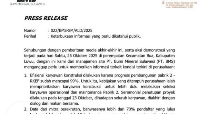 Klarifikasi PT BMS: “Bayar Membayar Calo Terjadi Awal Tahun 2024, Tidak Ada Sangkutannya dengan Proses Rekrumen Tenaga Kerja Saat ini”