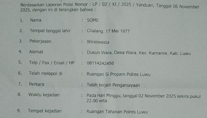 Tahanan di Mapolres Luwu Laporkan Oknum Anggota Polisi ke Propam, Aipda SP Diduga Kerap Menganiaya Tahanan