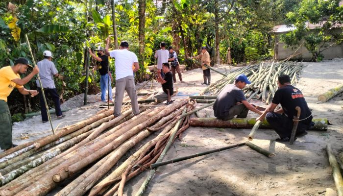 Turut Serta Lestarikan Budaya Masyarakat, Personel Brimob Batalyon D Pelopor Gotong Royong Bangun Bala Suji di Baruga Makkole Baebunta