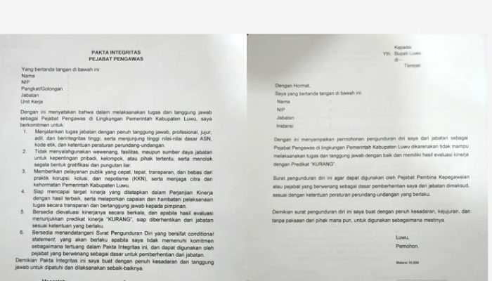 Pejabat Pengawas Pemkab Luwu Diintimidasi, Diwajibkan Tandatangan Surat Pengunduran Diri dengan Hasil Kenerja Predikat ‘Kurang’ Sebelum Dilantik